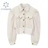 Corduroy gestreepte abrikozen Crop Shirt en blouses jas revers single breasted vest vintage blusas mode Koreaanse getijden tops 210417