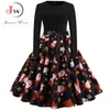 Winter Christmas Dresses Women 50S 60S Vintage Robe Swing Pinup Elegant Party Dress Long Sleeve Casual Plus Size Print Black 210915