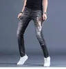 Stylish High Quality Mens Elastic Washed Denim Printed Jeans, Light Luxury Slim-fit Casual Jeans,Young Boys Must; 211108