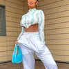 Höst EST Streetwear Tie-Dye Crop Top Unik Design O-Neck Långärmad Baklösa Lace Upp T-tröja Mode Skinny Shorts Toppar 210517