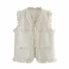 Woman Waistcoat Jacket Veste Sans Manche Fringe Stitching Fake Pocket Kurtka Damska Wiosenna Tweed All-Match Loose Sleeveless 210817