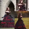 Gothic Belle Red Black Fantasy A Line Wedding Dresses Lace Applique Exposed Boning Corset Beading Victorian Masquerade Off Shoulder Bridal Gown Vestidos AL9054