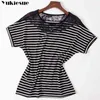 Women Black striped Tshirts Lady lace hollow out Cotton Tees Short Sleeve T shirts Female Summer Tops for Woman plus size 4xl 210519