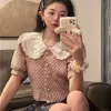 Sweet Pink Puff Short Sleeve Peter Pan Collar Patchwork Lace T Shirts Kvinnor Kort sommar Single-breasted Blouse Fashion Tops Chic 210610
