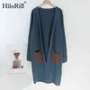 Höst Vinter Kvinnor Vintage Patchwork Long Cardigan Med Fickor Ärme Casual Strikked Sweater Chic OuterWear Coat 210508