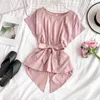 Kimutomo Nieregularne krótkie rękaw Szyfonowa Koszulka Kobiety Solid Color O-Neck Bow Lace Up Slim Top Koreański Lato Moda 210521