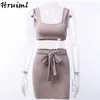 Sexig 2 st uppsättning för kvinnor sommar solid elastisk grödor topp Streetwear High Waist Sashes Bodycon Short Kirt Club Conjuntos de Mujer 210513