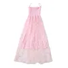 Summer Sweet Little Daisy Print Folds High Waist Slimming Mesh Sling Mid-length Dress Women 210507