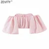 Women Sexy Off Shoulder Jacquard Pink Smock Blouse Female Lantern Sleeve Short Shirt Chic Blusas Tops LS7674 210416