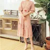 PERHAPS U Women Dress Pink V Neck Vintage Floral Embroidery Puff Sleeve Knee Length Dress Elegant D1232 210529