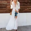 Été Femmes Long Cardigan Voir À Travers Sexy Transparent Blanc Dentelle Crochet Maxi Tunique Robe De Plage 210415