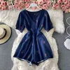 Summer Button Elegant Retro V-hals Dunne Jumpsuit Dames Rompertjes Print Vintage Floral Hoge Taille Playsuits 210420