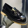 Püskül Saçak Örgün İş Ayakkabıları El Yapımı Tam Tahıl Deri Erkek Loafer'lar Tembel Ayakkabı Kalın Topuk