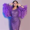 Purple Sequined Prom Dresses Puffy Long Sleeves Ruffles Front Split Mermaid Evening Dress Floor Length Celebrity Party Gown