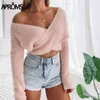 Aprozs Pink Fluffy Sweter Dzianiny Kobiety Jesień Zima Neck Wrap Front Basic Cropped Pullovers Fashion Odzież wierzchnia Jumper 210805
