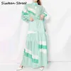 Vrouw lange jurk sjerpen groen gestreepte lantaarn mouw vestidos boho split maxi vrouwelijke herfst winter 210603