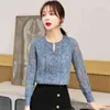 Autumn Blue Lace Bottom Shirt Women Office Long Sleeve Floral Pullover Blouse Korean Plus Size Ladies Tops 10357 210508