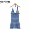 Blue Striped Knit Halter Платье Женщины Сексуальная Без спинки Bodycon Мини халат Дамы Праздник Летняя Ночь Out Colread Vestido 210430