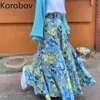Korobov Été Coréen Vintage Taille Haute Jupes Bureau Lady Mode Streetwear Faldas Mujer Fleur Imprimer Boho Femme Jupe 210430