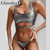 Glamaker Rose Red Snake Print Bikini Женщины цепь Сексуальный пляж Купальники Купальники Купальник Серебряный Без Рукавов Бразильский Купальник 210412