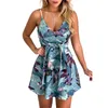 Plus Size Femmes Floral Imprimé Mini Robes Casual Sans Manches Sling Col En V Dos Nu Robe D'été Sexy Bandage Swing Dress Dames 210507