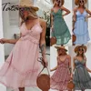 Boho zomer floral print ruche spaghetti a-line jurk hoge taille sexy v-hals mini vakantie beachwear vestidos 210514