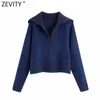 Zevity 여성 패션 다운 칼라 패치 워크 격자 무늬 캐주얼 느슨한 뜨개질 스웨터 여성 세련된 긴 소매 풀오버 탑 S574 210603