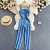 Kvinnor Spaghetti Strap Ärmlös Jeans Jumpsuit Summer Blue Denim Rompers Hög midja med fickor tillbaka Zipper Sexiga Outfits 210603