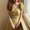 Jocoo Jolee Vintage imprimé fleuri jaune robe d'été taille haute à manches courtes Slim femmes robes coton Mini vacances Outwear 210619