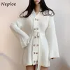 Koreansk V Neckouble Breast Design Slim Fit Knit Cardigans Klänning Kvinnor Hög midja Hip Sashes En Linje Knä Längd Vestidos 210422