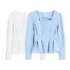 Camicetta stile coreano Donna BlueWhite Camicia a maniche lunghe con collo quadrato a maniche lunghe Lanterna femminile a vita alta Slim Elegant Tops da ufficio 210417