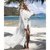 Fato de banho feminino manga curta kaftan vestido túnica de praia robe de plage algodão branco sólido pareo praia gola alta cobertura t200601