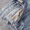 Italiensk stil mode män jeans retro blå elastisk smal passform frayed ripped vintage designer casual hål denim byxor