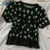 Round Neck Puff Sleeve Printed Knitted T-shirt Women Summer Slim and Thin All-match Crop Top 210709