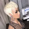 613 Blond Färg Kort Vågig Bob Pixie Cut Peruk Full Maskintillverkad Remy Brasilianskt människohår Non Spets Peruker För Svart Kvinna