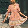 Verão Floral Impressão Boho V Neck Elegante Mini Back Laço Vestido Plissado à moda Vestido de Mujer 210413