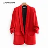 Chic Candy Solid Color Ruched Cuff Mid Long Blazer Med Foder Kvinna Sjal Krage Slim Fit Suit Casual Jacket Coat OuterWear 211019