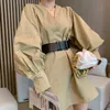 Solid Korean Sexy Vintage Losse Lange Mouw Hoge Taille Lente Herfst V-hals Riem Zwarte Vrouwen Jurk Kleding 331A 210420