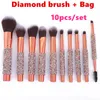 Pennelli per trucco professionale 10pcs Set Diamond Brush + Borsa Polvere Foundation Trucco Strumenti per il trucco Eye Shadow Pennelli Eyeliner Brow Kit cosmetico