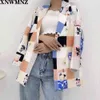 Fall Women's Långärmad Lapel Coat Slim och intressant Geometrisk Mönster Square Tryckt Mosaic Suit Kvinna Top 210520