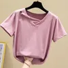 Mulheres verão algodão manga curta t camisa moda v-pescoço oco solto tshirt tops senhoras camiseta roupa 9481 210417