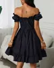 Women Fashion Off Shoulder Sweetheart Neck Button Design Frill Hem Dress Female Short Sleeve Mini Party Dress 210716