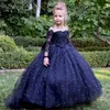 사랑스러운 퍼프 공 가운 꽃 여자 드레스 레이스 applique 도트 tulle pageant 가운 나비 새시 소녀의 생일 파티 드레스