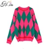 H.SA Outono inverno aygyle suéter para mulheres oneck manga longa malha pulôver cashmere rosa azul argyle jumpers puxar femme 210716