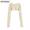 KPYTOMOA KVINNOR 2021 FASHION HOLLOW OUT ARM WARMERS BOLAGED KNITTED SWEATER VINTAGE O Neck Långärmad Kvinnlig Pullovers Chic Tops X0721