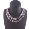 Women's Blue Crystal Cuban Chain Link, Women's Round Neck, Ice Red, Pink, Gold, Silver, 12mm Wide Rap Jewelry Q0809