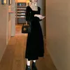 Mulheres de outono preto veludo manga comprida vintage sólido elegante senhora festa vestido 210415