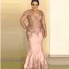 Plus Size Mãe dos Vestidos de Noiva Lace Appliques Sheer Top Mangas Longas Mermaid V-Neck Nupcial Moms Formal Party Shows