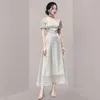 レトロな正方形の襟のポルカドットプリント女性のドレスレディース半袖夏ラインパーティーVestidos DE 210520