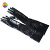 Five Fingers Gloves Sexy Lady Long Black Lace Faux Leather Patent Stitching Women Elbow Length Mittens